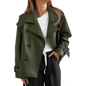 🆕Womens Army Green Faux Leather Jacket | Button Down Moto Coat | Trendy Fall